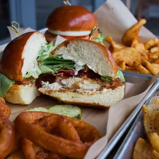 fried chicken sandwich and onion rings