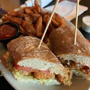 Shrimp po boy with sweet potato fries