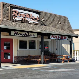 outdoor seating and lots of parking spaces