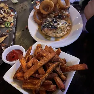 Sweet potatoe fries and onion ring  Half chicken