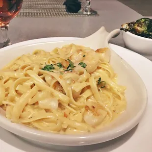 The shrimp and scallop Newberg + side of balsamic Brussel sprouts