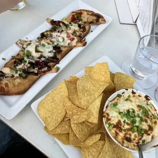 BBQ chicken flatbread on left, Spicy Chicken Queso Dip on right!