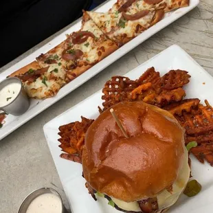 Room Burger and BBQ Chicken Flatbread