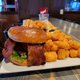 Buffalo chicken sandwich with tots