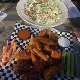 chicken wings and meh cobb salad