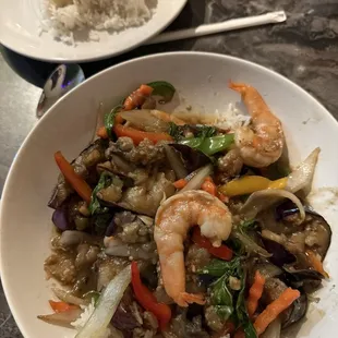 Eggplant basil and shrimp.