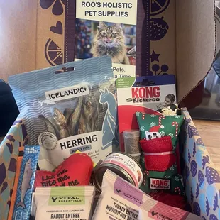 Holiday Mystery Box for Cats. $26 value for $15. Cats are living for the goodies in this box!