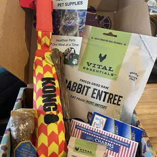 Mystery holiday gift for dog. $40 worth of products that I paid $20 for. Riker loved his Christmas Gift!