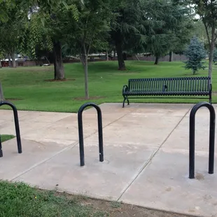Bike parking and benches are available.