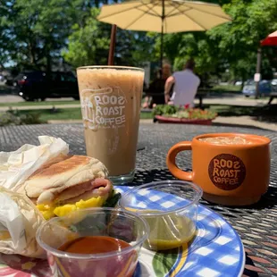 Iced honey vanilla latte, iced cortado, ham eggs kale sandwich