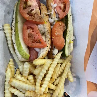 2 Chicago dogs and French fries