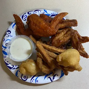 Wings. Sweet potato fries and Tempura mushrooms (takeout at home)