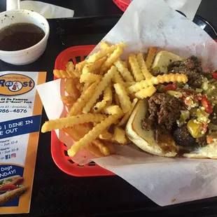 Roost Pork with Beef Au Jus topped with Hot Giardniera Peppers!!! Yummy!!