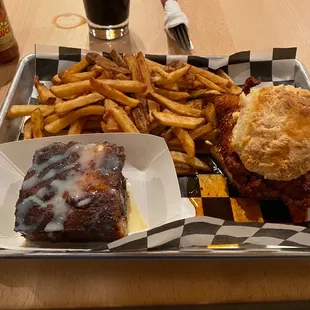 Chocolate Chip Bread Pudding, Carolina Style Meal, Hand Cut French Fries