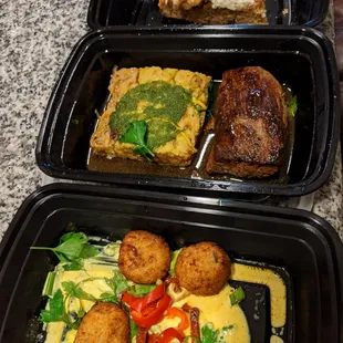 (BOTTOM to TOP): Bacalao fritters, steak, and apple cake