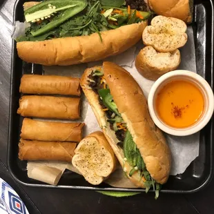 egg rolls, ribeye sandwiches (one egg+avocado), garlic bread - PERFECTION