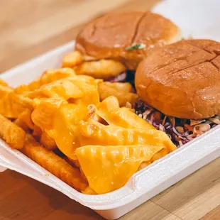 a hamburger and fries