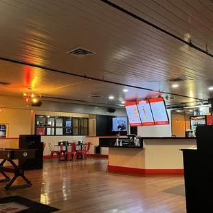 Front counter with foosball and shuffleboard table