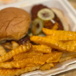 a hamburger and fries