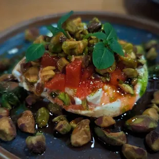 Burrata with compressed strawberries, toasted pistachios, basil, 06/16/2023