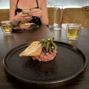 TARTARE  Beef Heart | Sea Bean | Nori Cuban Cracker | Pickled Japanese Long Beans