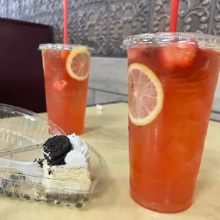 two cups of iced tea and a slice of cake