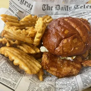 a chicken sandwich and french fries