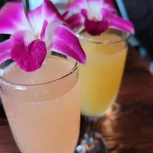 Guava mimosa on the left and OJ mimosa on the right