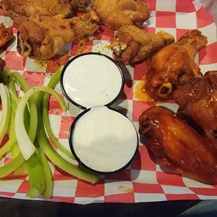 Wings: lemon pepper,  Thai Chili (hot), and mango habanero