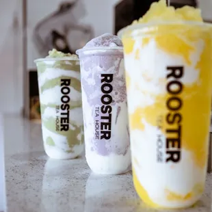 Mango slush, taro slush, matcha slush with foam