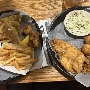 Fish, Shrimp and Chips basket and the Captains Basket.