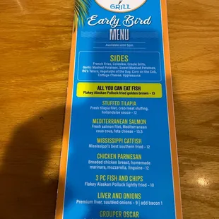 Early Bird Menu Front