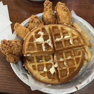 Chicken &amp; waffles with French fries