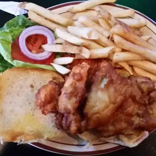 Batter fried chicken breast sandwich and fries