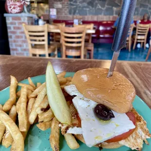 Rooster burger and fries. Yummm