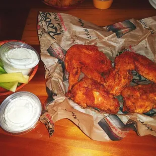 Traditional wings with Nashville hot dry rub, celery, and bleu cheese