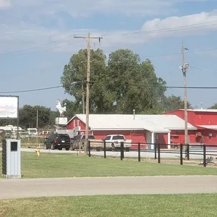 a red building with a white roof