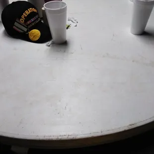 a round table with cups and plates of food