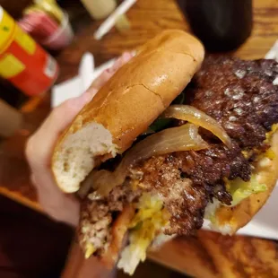 Double burger, add grilled onions and jalapenos