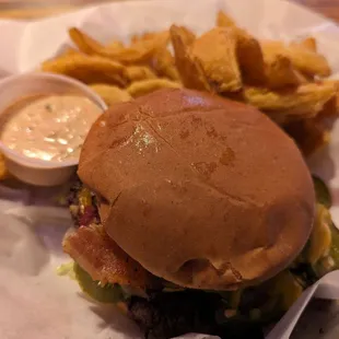 Smoked Garlic Jalapeno Bacon Cheddar Burger and Rooster Tails