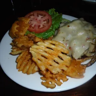 Rooster Burger Barn with waffle fries - good.