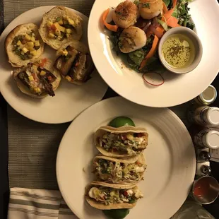 Room service: salad with scallops, fish tacos, pork sliders