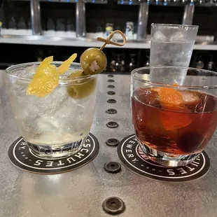Dirty gin martini and Luxardo Manhattan