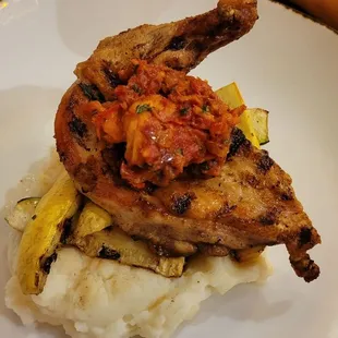 Chicken "special" with squash, zucchini, sun dried tomatoes and mashed potatoes