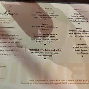 Menu apps and salads, March 2023