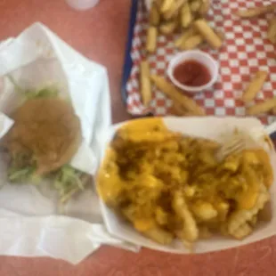 Avocado burger and chili fries