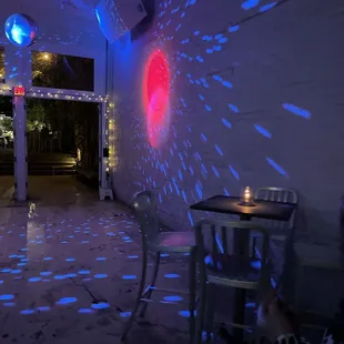 blue and red lights on the walls