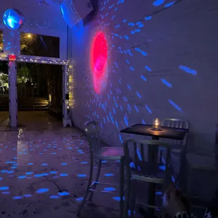 blue and red lights on the floor