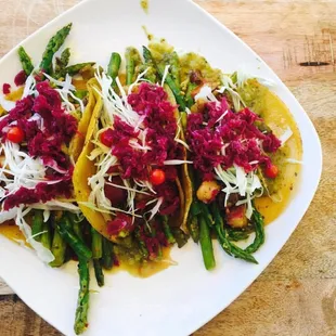 Asparagus with Nooch Verde on sprouted organic corn tortillas
