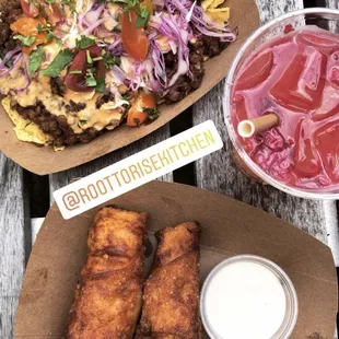 Rose lemonade, veggrolls, and walking tacos